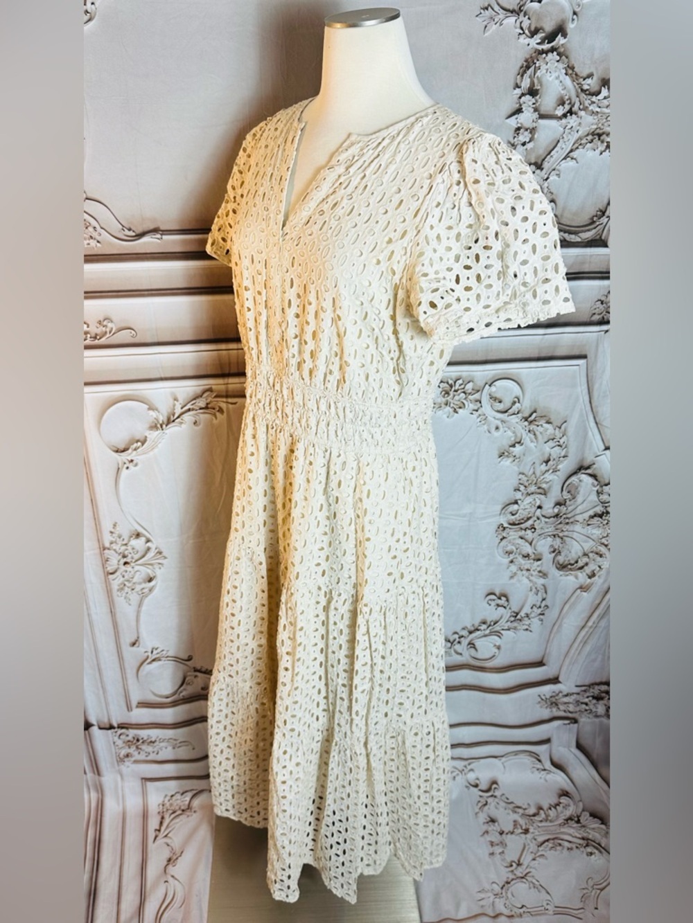 White Eyelet Maxi Dress with Royal Blue Bow Belt - Picture 5 of 14